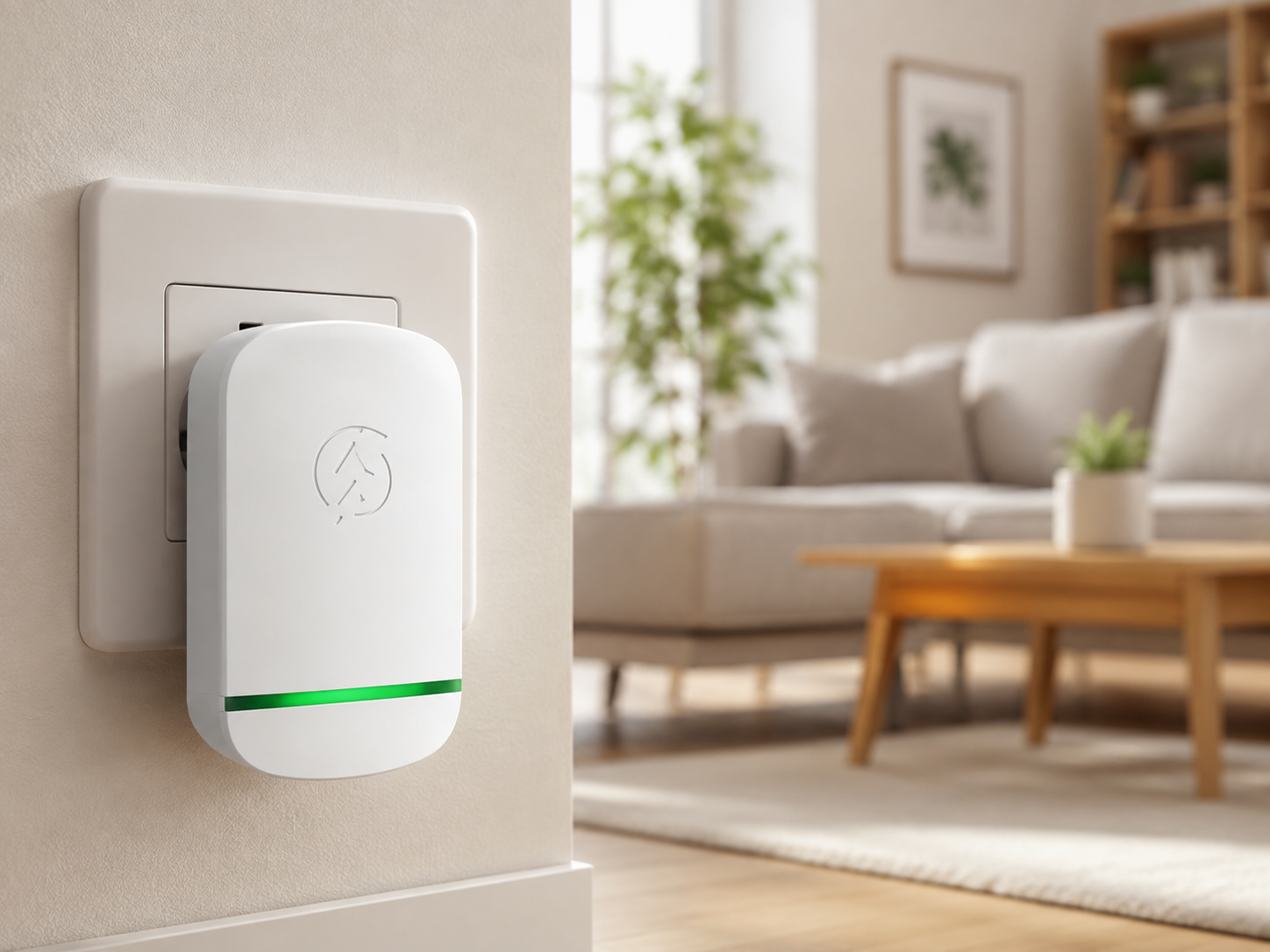 Close-up of the StopWatt plug-in power conditioning unit connected to a household outlet